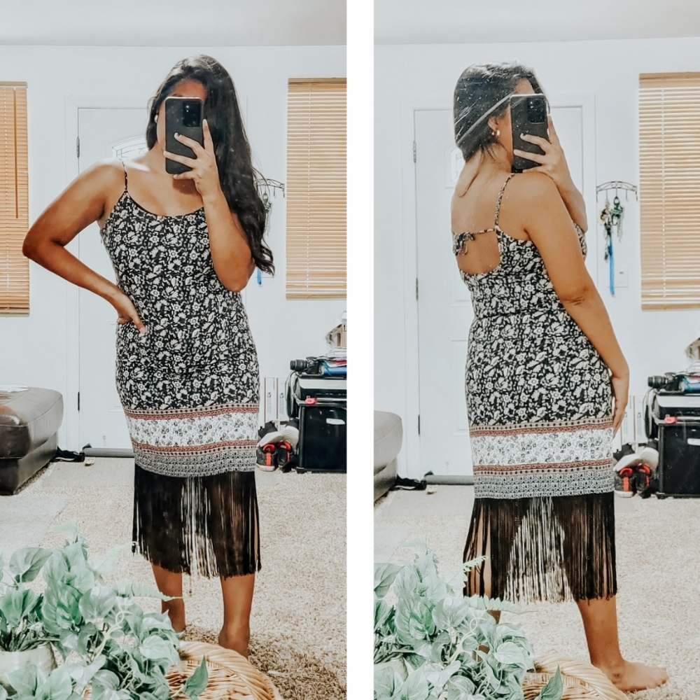 FOREVER 21 CONTEMPORARY FLORAL FRINGE DRESS MEDIUM 8 10